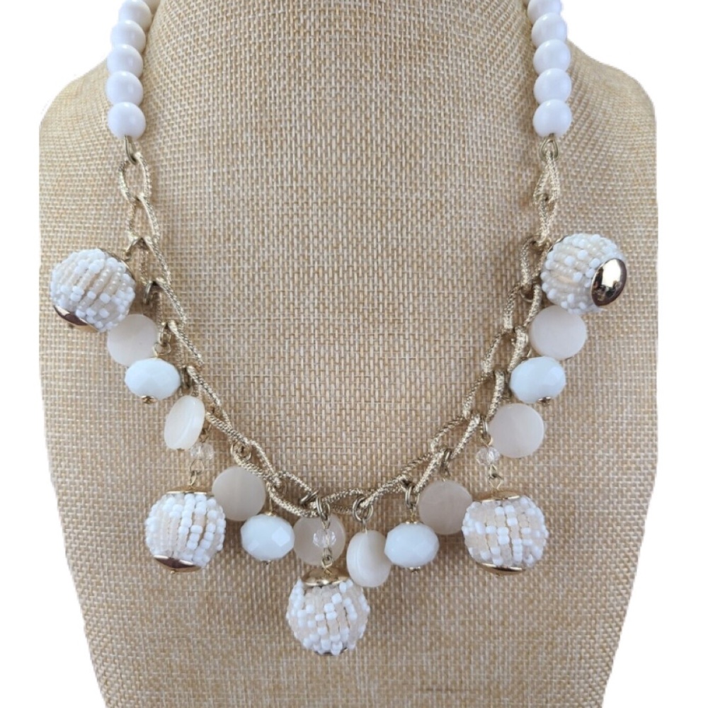 Talbots Mixed Beaded Ball White & Cream Gold-Tone Statement Necklace - Picture 1 of 13